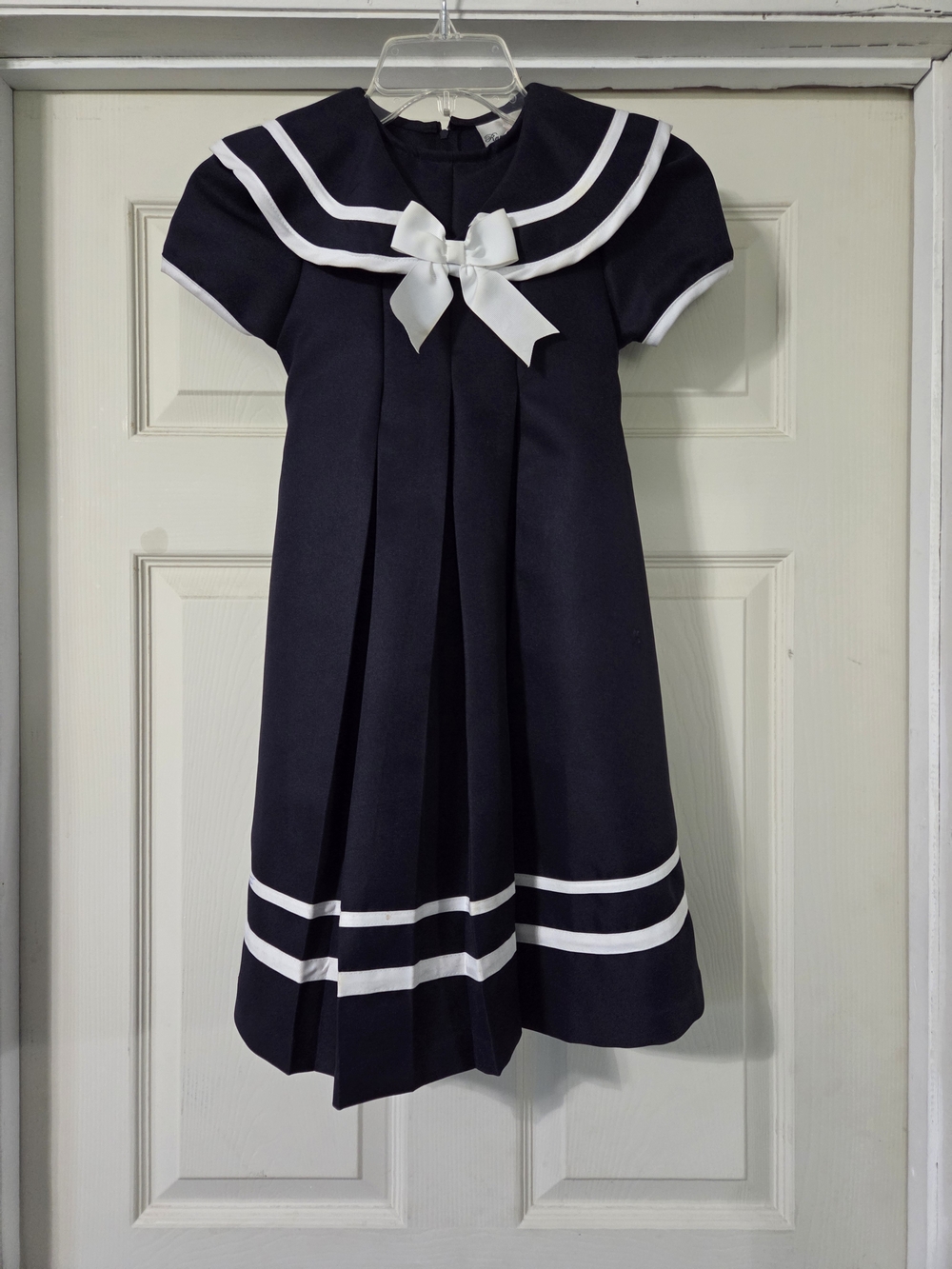 Rare Editions Girls Navy Blue Nautical Sailor Dress Pleated White Bow Trim